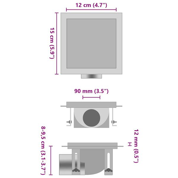 vidaXL Dusjavl&oslash;p 2-i-1 flatt og sluk for flis 15x15 cm rustfritt st&aring;l
