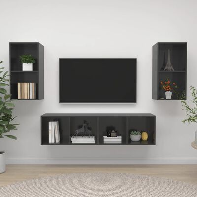 vidaXL Vegghengte TV-benker 4 stk høyglans grå sponplate
