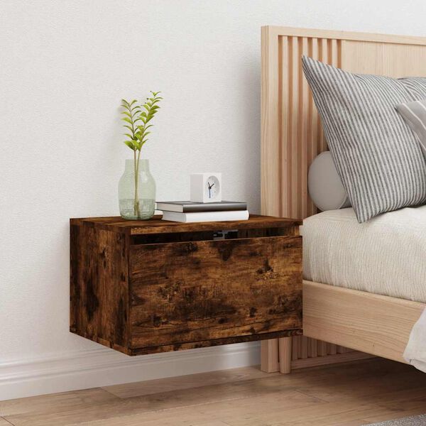 vidaXL Vegghengt nattbord med LED-lys r&oslash;kt eik