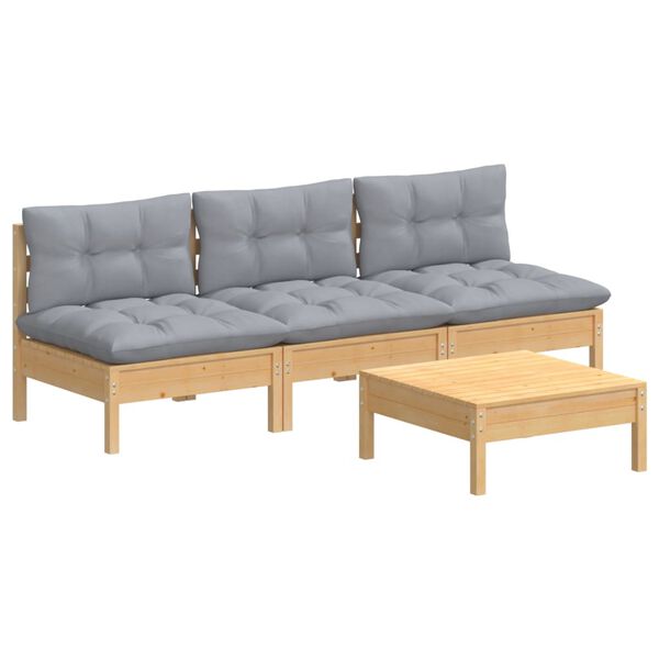 vidaXL Hagesofagruppe med grå puter 4 deler furu