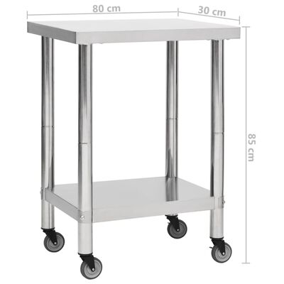 vidaXL Arbeidsbord for kjøkken med hjul 80x30x85 cm rustfritt stål