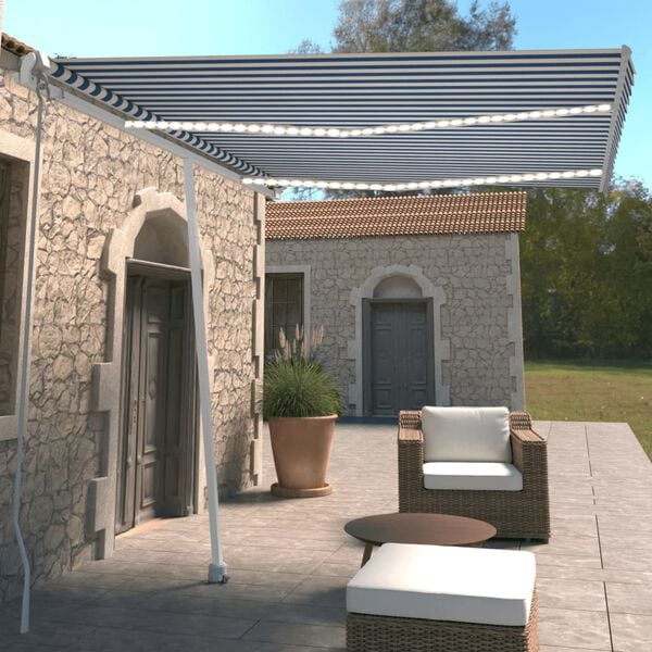 vidaXL Manuell uttrekkbar markise med LED 350x250 cm bl&aring; og hvit