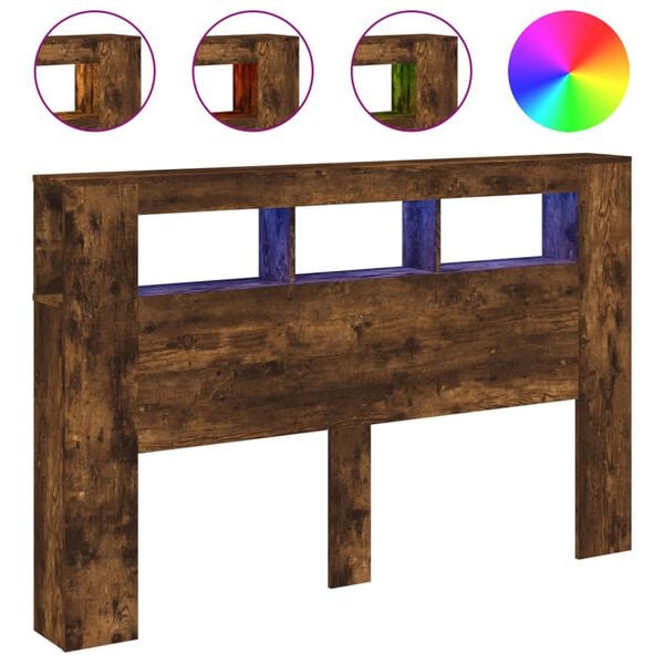 vidaXL Sengegavl med LED røkt eik 160x18,5x103,5 cm konstruert tre