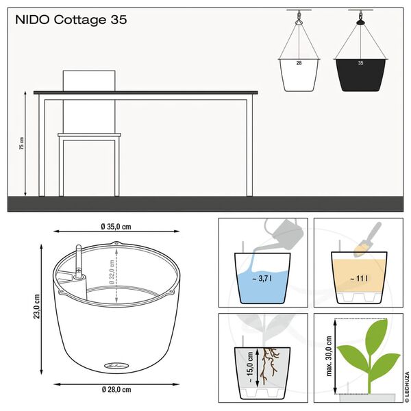 LECHUZA Plantekasse NIDO Cottage 35 ALL-IN-ONE grafittsvart