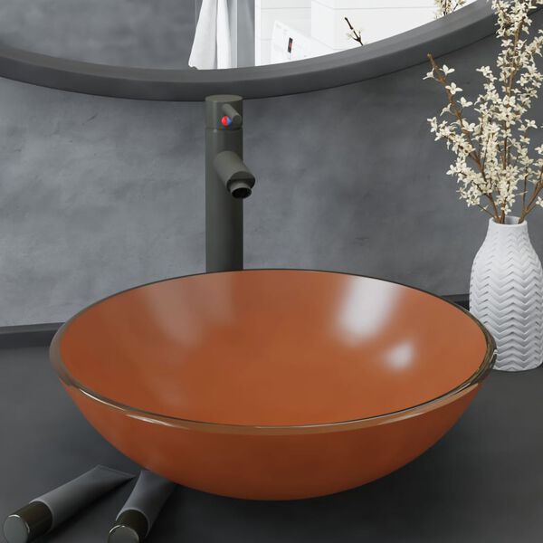 vidaXL Baderomsvask med kran og trykkavl&oslash;p brunt herdet glass