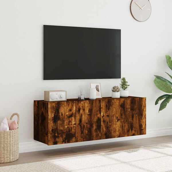 vidaXL Vegghengte TV-benker med LED-lys 2 stk r&oslash;kt eik 60x35x41 cm