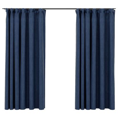 vidaXL Lystette gardiner med kroker og lin-design 2 stk blå 140x175 cm