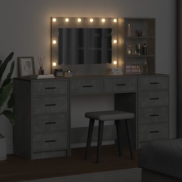 vidaXL Sminkebord med speillys 3 pcs Betonggr&aring; Konstruert tre