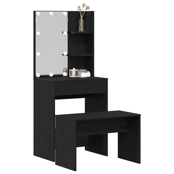 vidaXL LED Sminkebordsett med speillys 2 pcs Svart Eik Konstruert tre