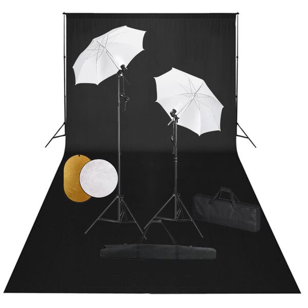 vidaXL Fotostudiosett med lamper, paraplyer, bakgrunn og reflektor