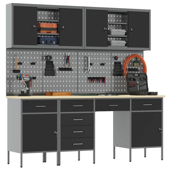 vidaXL Arbeidsskap med skuff 10 pcs Svart Konstruksjonsvirke og st&aring;l
