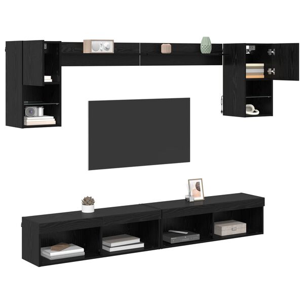 vidaXL TV veggenheter med LED med LED 6 pcs Svart Eik Konstruert tre