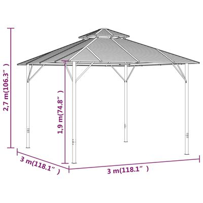 vidaXL Paviljong med sidevegger og dobbelt tak 3x3 m antrasitt