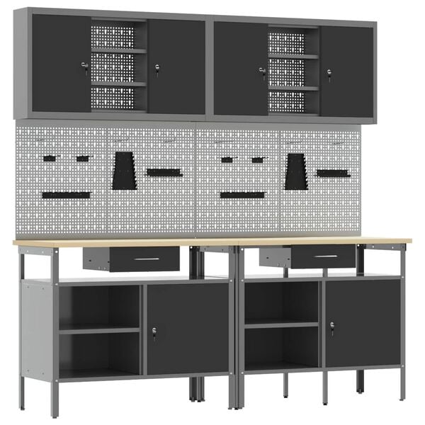 vidaXL Arbeidsbenksett med skuff 8 pcs Svart 200 x 55 x 200 cm St&aring;l