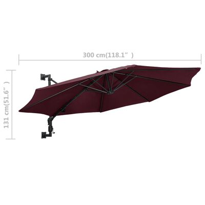 vidaXL Veggmontert parasoll med metallstang 300 cm burgunder