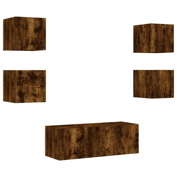 vidaXL Vegghengte TV-enheter med LED 6 deler r&oslash;kt eik konstruert tre