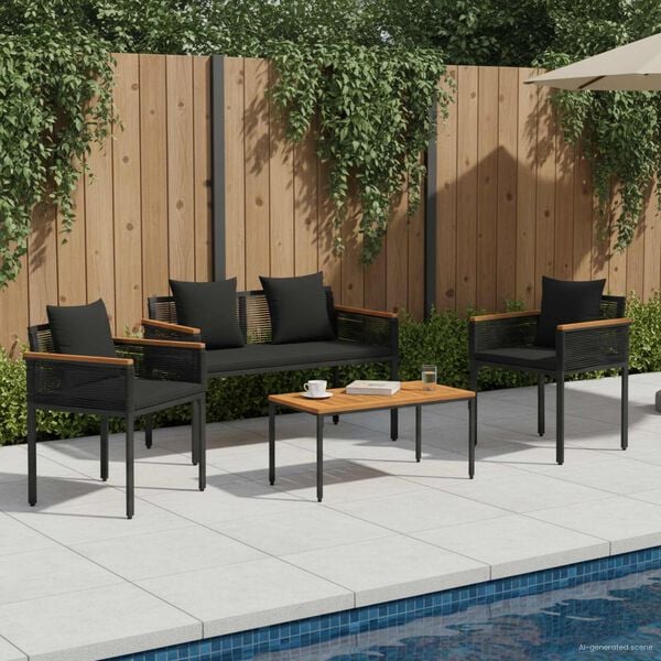 vidaXL Utem&oslash;belsett med pute 4 pcs Svart PE Rattan