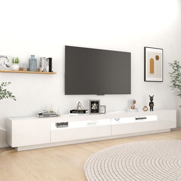 vidaXL TV-benk med LED-lys h&oslash;yglans hvit 300x35x40 cm