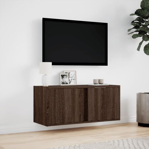 vidaXL Vegghengt TV-benk med LED brun eik 80x31x35 cm