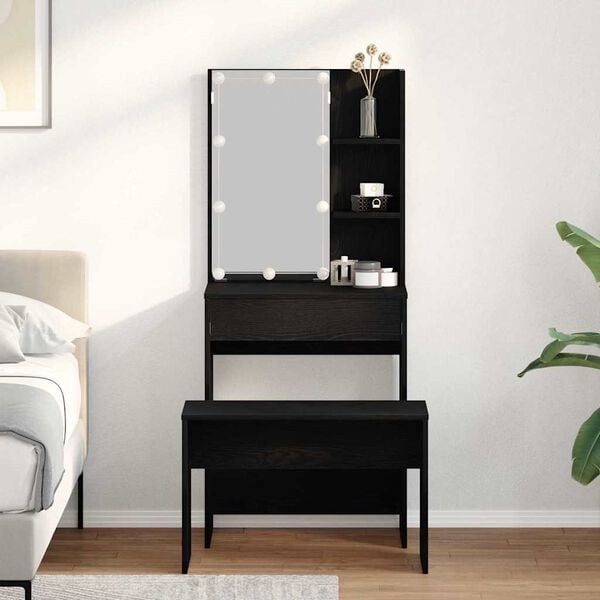 vidaXL LED Sminkebordsett med speillys 2 pcs Svart Eik Konstruert tre