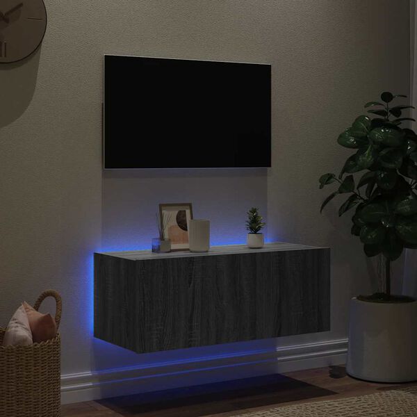 vidaXL Vegghengt TV-benk med LED grå sonoma 80x35x31 cm