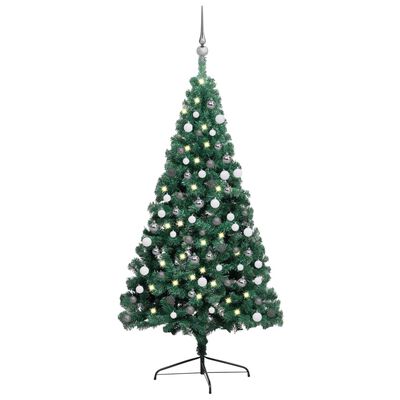 vidaXL Forhåndsbelyst kunstig halvt juletre med kulesett grønn 210 cm