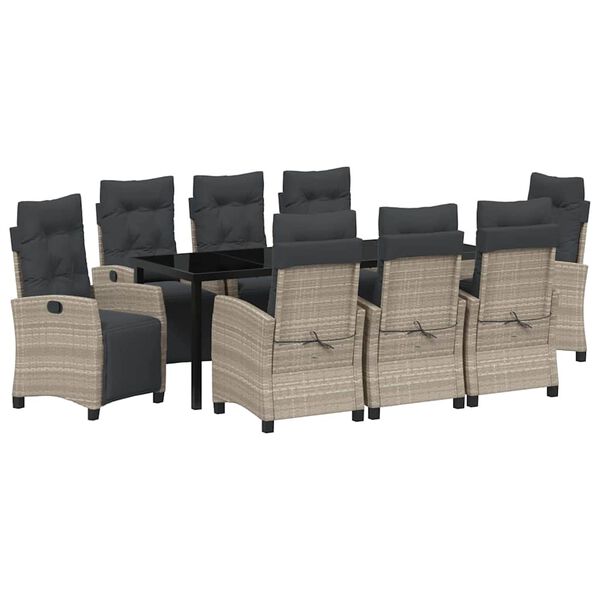 vidaXL Hage Spisegruppe med pute 9 pcs Lysegr&aring; polyrotting