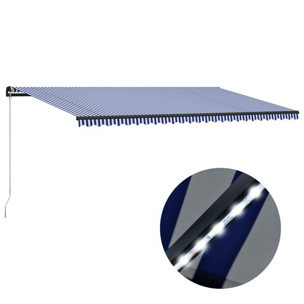 vidaXL Manuell uttrekkbar markise med LED 600x300 cm bl&aring; og hvit
