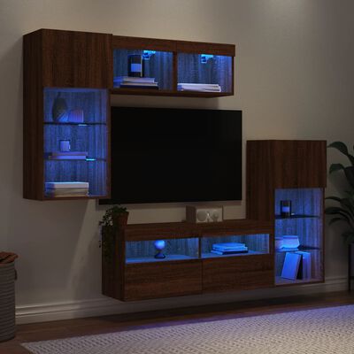 vidaXL Vegghengte TV-enheter med LED 5 deler brun eik konstruert tre