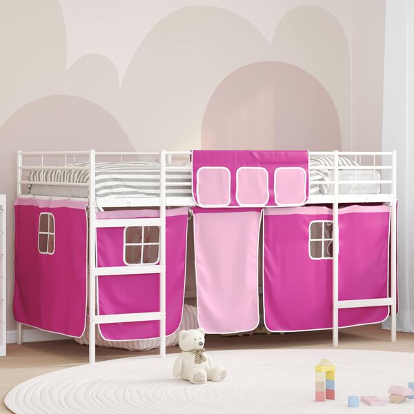 vidaXL Kiddos Loft Senge Ramme med Gardiner Hvit og Rosa 80 x 201 cm
