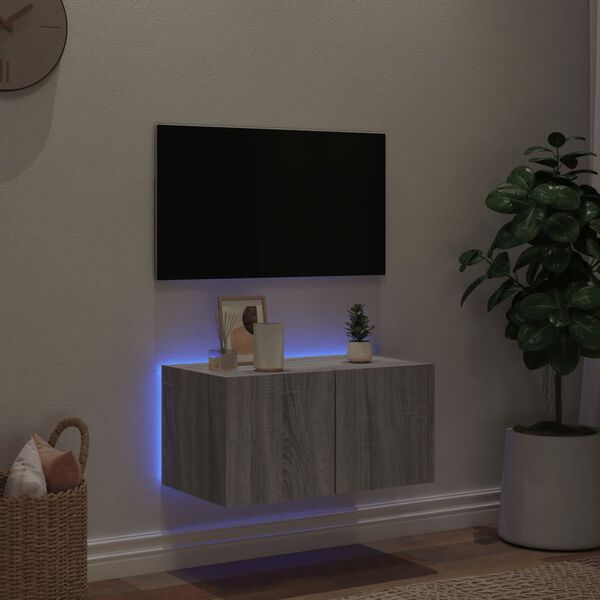 vidaXL Vegghengt TV-benk med LED gr&aring; sonoma 60x35x31 cm