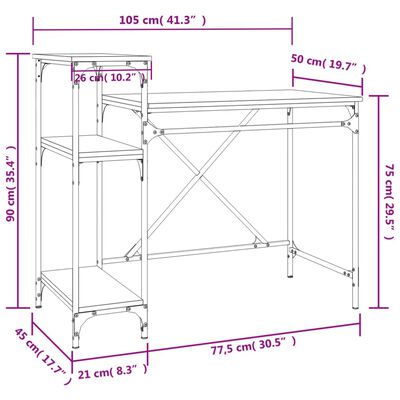 vidaXL Skrivebord med hyller røkt eik 105x50x90 cm konstruert tre jern