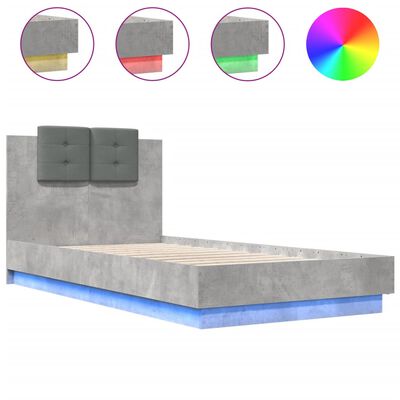 vidaXL Sengeramme med hodegavl og LED-lys betonggrå 90x190 cm