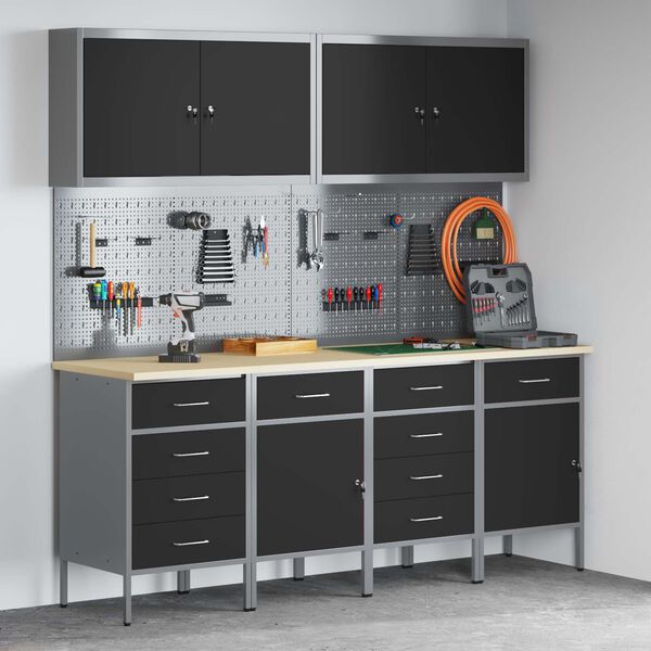 vidaXL Arbeidsskap med skuff 10 pcs Svart Konstruksjonsvirke og st&aring;l