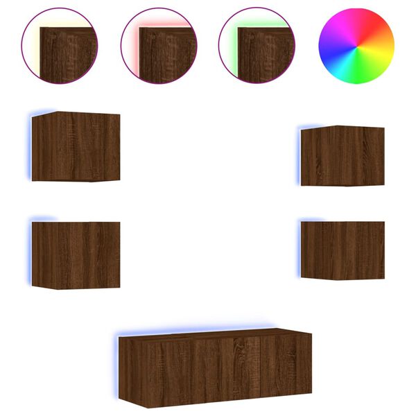 vidaXL Vegghengte TV-enheter med LED 6 deler brun eik konstruert tre