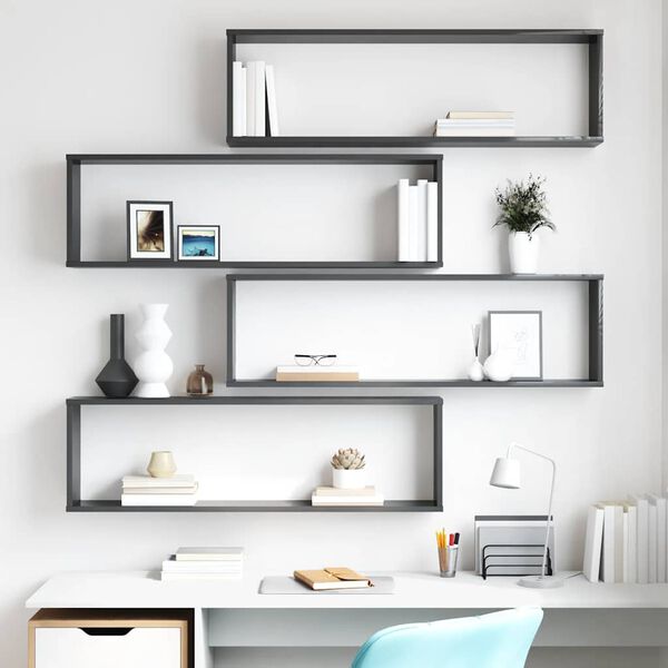 vidaXL Vegghyller kube 4 stk h&oslash;yglans gr&aring; 100x15x30 cm konstruert tre