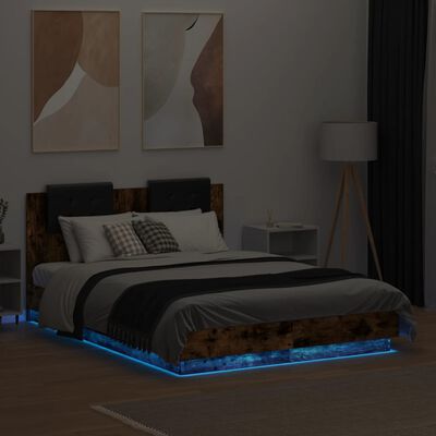 vidaXL Sengeramme med hodegavl og LED-lys røkt eik 135x190 cm