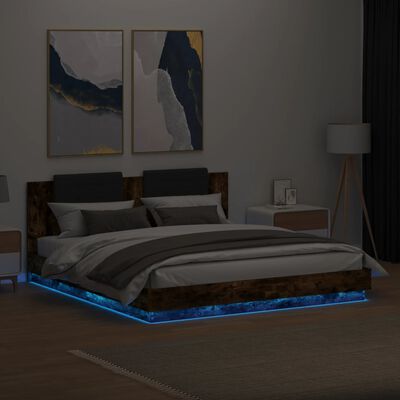 vidaXL Sengeramme med hodegavl og LED-lys røkt eik 160x200 cm