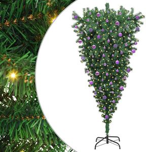 vidaXL Omvendt kunstig ferdigbelyst juletre med kule sett gr&oslash;nn 210 cm