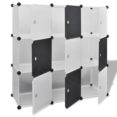 Svart-hvit skohylle organisator med 9 rom 110 x 37 x 110 cm