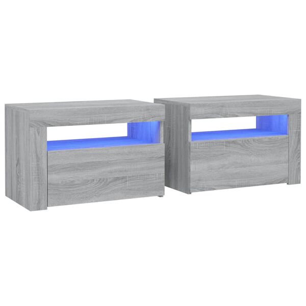 vidaXL Nattbord 2 stk med LED-lys grå sonoma 60x35x40 cm