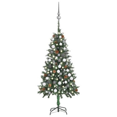 vidaXL Forhåndsbelyst kunstig juletre med kulesett og kongler 150 cm