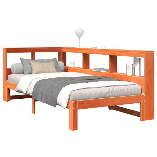 vidaXL Seng med bokhylle uten madrass voksbrun 90x190 cm heltre furu