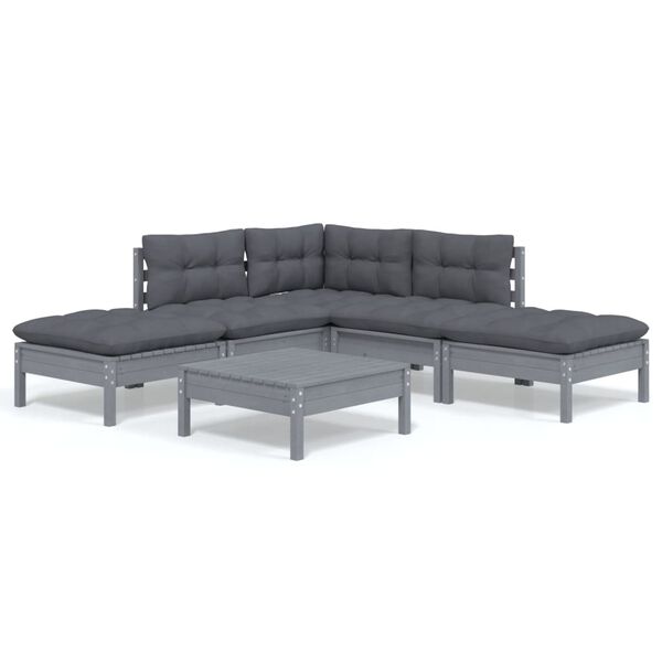 vidaXL Hagesofagruppe med puter gr&aring; 6 deler furu