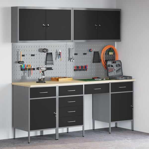 vidaXL Arbeidsbenk med skuff 10 pcs Svart 200 x 55 x 200 cm Stål