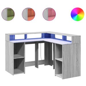vidaXL Skrivebord med LED-lys gr&aring; sonoma 130x130x91 cm konstruert tre