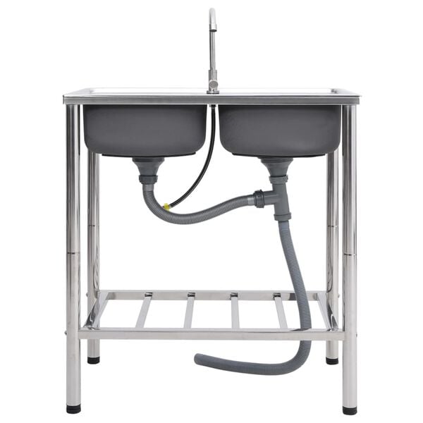 vidaXL Campingvask med dobbel kum og kran rustfritt st&aring;l
