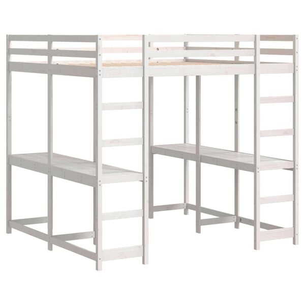 vidaXL Køyeseng med skrivebord og stige hvit 180x200 cm heltre furu