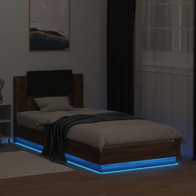 vidaXL Sengeramme med hodegavl og LED-lys brun eik 90x200 cm
