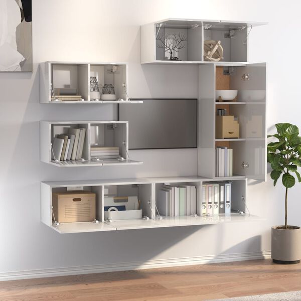 vidaXL TV-skapsett 6 deler h&oslash;yglans hvit konstruert tre